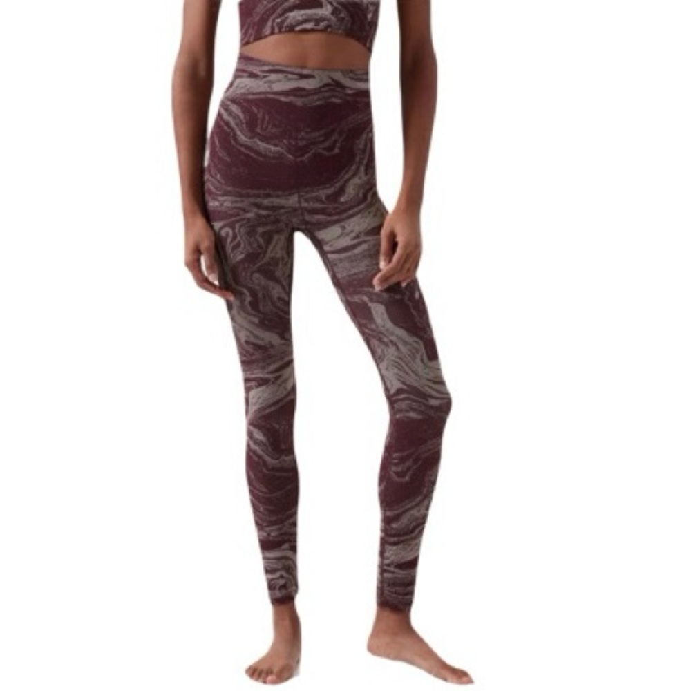 Athleta Aurora Shine Seamless Leggings Size M Burgundy Silver Marble Print Tight